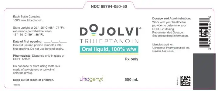 PRINCIPAL DISPLAY PANEL NDC 69794-050-50 DOJOLVI TRIHEPTANOIN Oral liquid, 100% w/w Rx only 500 mL 1 bottle