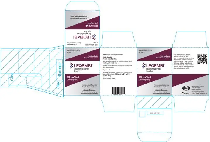 PRINCIPAL DISPLAY PANEL
LEQEMBI
NDC 62856-215-01
(lecanemab-irmb)
Injection
500 mg/5 mL
(100 mg/mL)
