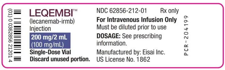 PRINCIPAL DISPLAY PANEL
LEQEMBI
NDC 62856-212-01
(lecanemab-irmb)
Injection
200 mg/2 mL
(100 mg/mL)
Single-Dose Vial
