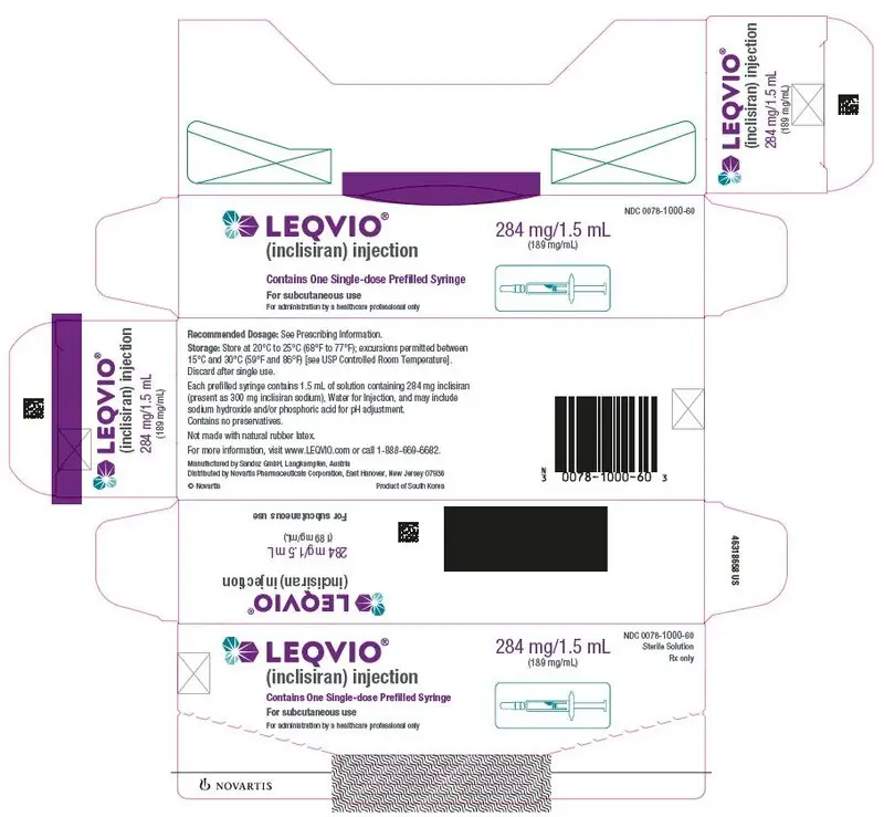 PRINCIPAL DISPLAY PANEL
									LEQVIO®
									(inclisiran) injection
									Contains One Single-dose Prefilled Syringe
									For subcutaneous use
									For administration by a healthcare professional only
									284 mg/1.5 mL
									(189 mg/mL)
									NDC 0078-1000-60
									Sterile Solution
									Rx only
									NOVARTIS
							