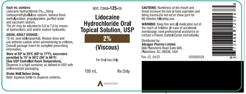 Lidocaine Hydrochloride Oral Topical Solution, USP (Viscous) 2% - NDC 72888-125-26 - 100 mL Bottle label