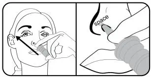 Step 5.  Insert the nasal applicator into the left or right nostril.  Tilt the nasal applicator and aim the tip towards the top of the ear on the same side.   DO NOT press the tip of nasal applicator against the wall of the inside of your nose.  Allow for a space between the tip of nasal applicator and the wall of the inside of your nose for proper dose administration. 