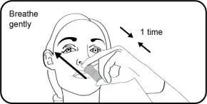 Step 6.  Place tongue to the roof of the mouth and breathe gently while spraying 1 (one) time.  Repeat administration in the other nostril.  Wait 2 (two) or 3 (three) minutes before blowing nose if needed. 