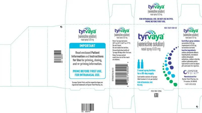 PRINCIPAL DISPLAY PANEL NDC 73521-030-02 tyrvaya (varenicline) nasal spray 0.03 mg per spray 2 nasal spray bottles for a 30-day supply 