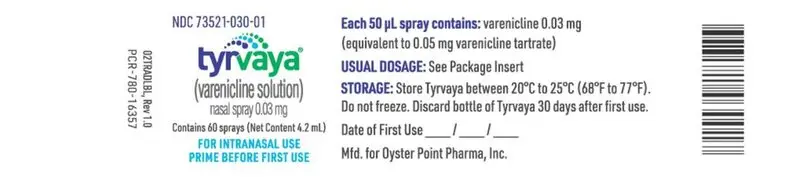 PRINCIPAL DISPLAY PANEL NDC 73521-030-01 tyrvaya (varenicline) nasal spray 0.03 mg per spray Contains 60 sprays (Net Content 4.2 mL) 