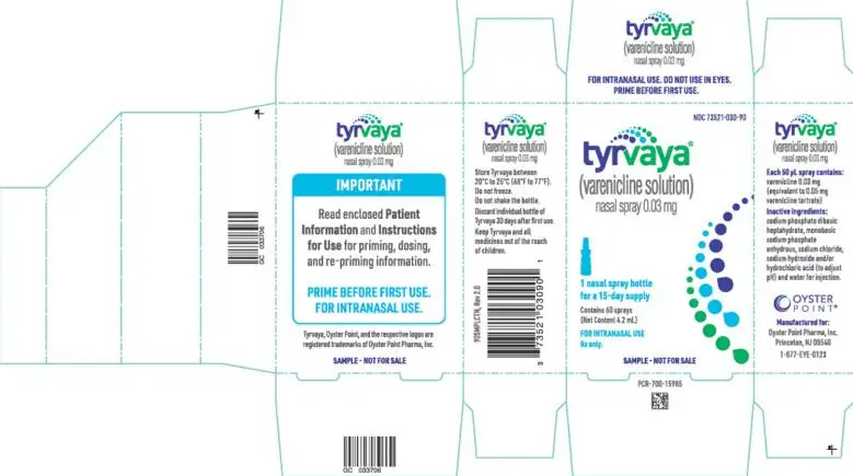 PRINCIPAL DISPLAY PANEL NDC 73521-030-90 tyrvaya (varenicline) nasal spray 0.03 mg per spray 1 nasal spray bottle for a 15-day supply 