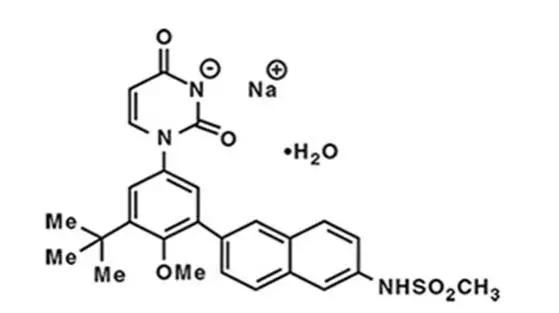 the following molecular structure for The chemical name of dasabuvir is Sodium 3-(3-tert-butyl-4-methoxy-5-{6-[(methylsulfonyl)amino]naphthalene-2-yl}phenyl)-2,6-dioxo-3,6-dihydro-2H-pyrimidin-1-ide hydrate (1:1:1). The molecular formula is C26H26N3O5S•Na•H2O (salt, hydrate) and the molecular weight of the drug substance is 533.57 (salt, hydrate). The drug substance is white to pale yellow to pink powder, slightly soluble in water and very slightly soluble in methanol and isopropyl alcohol. 