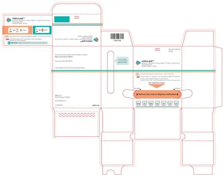 NDC 0074-3093-28 
Rx only 
viekira pak™
ombitasvir, paritaprevir, ritonavir tablets 12.5 mg / 75 mg / 50 mg 
Copackaged with 
dasabuvir tablets 250 mg 
Do not use if seal on top of carton is broken or missing 
Keep out of reach of children 
Store at or below 30°C (86°F) 
See Package Insert for full Prescribing Information 
AbbVie Inc. 
North Chicago, IL 60064 
©2016 AbbVie Inc. 
Each tablet contains ombitsavir, paritaprevir, ritonavir 12.5 mg / 75 mg / 50 mg 
Each tablet contains 270.3 mg dasabuvir sodium monohydrate equivalent to 250 mg dasabuvir 
Each carton contains 28 tablets in 7 wallets for 1 week of treatment. 
Each wallet contains 4 tablets: 
2 ombitasvir, paritaprevir, ritonavir tablets and 2 dasabuvir tablets. 
