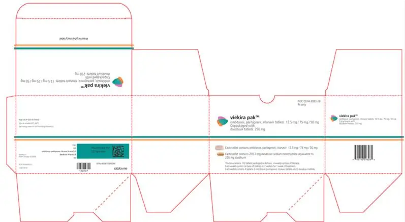 NDC 0074-3093-28 
Rx only 
viekira pak™
ombitasvir, paritaprevir, ritonavir tablets 12.5 mg / 75 mg / 50 mg 
Copackaged with 
dasabuvir tablets 250 mg 
Each tablet contains ombitsavir, paritaprevir, ritonavir 12.5 mg / 75 mg / 50 mg 
Each tablet contains 270.3 mg dasabuvir sodium monohydrate equivalent to 250 mg dasabuvir 
