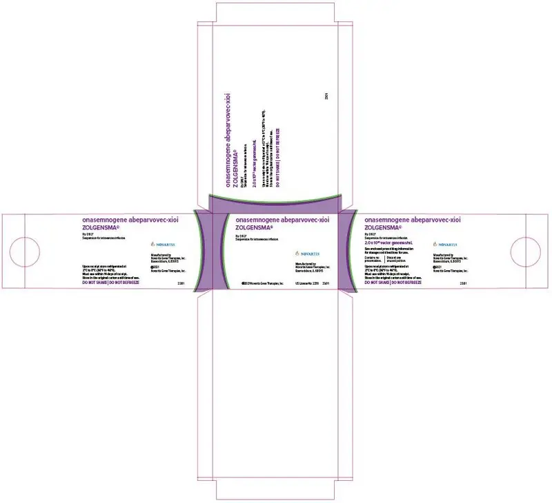 PRINCIPAL DISPLAY PANEL
								onasemnogene abeparvovec-xioi ZOLGENSMA®
								Rx ONLY
								Suspension for intravenous infusion.
								NOVARTIS
								Manufactured by Novartis Gene Therapies, Inc. Bannockburn, IL 60015. US License No: 2250
								US License No: 2250 ©2021 Novartis Gene Therapies, Inc.
							