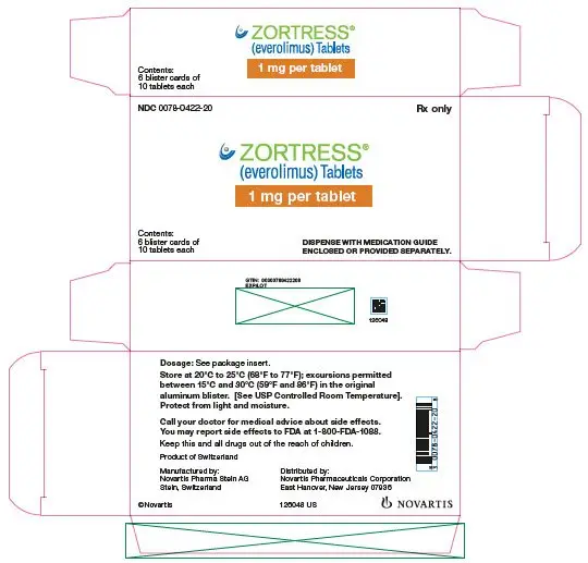 PRINCIPAL DISPLAY PANEL
								NDC 0078-0422-20
								Rx only
								ZORTRESS®
								(everolimus) Tablets
								1 mg per tablet
								Contents: 6 blister cards of 10 tablets each
								DISPENSE WITH MEDICATION GUIDE ENCLOSED OR PROVIDED SEPARATELY.
								NOVARTIS
							