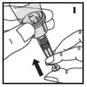 10. Push down on the plunger to push all air back into the vial. Then while holding the plunger down, turn the vial with syringe upside-down (invert) so the vial is now above the syringe (I).