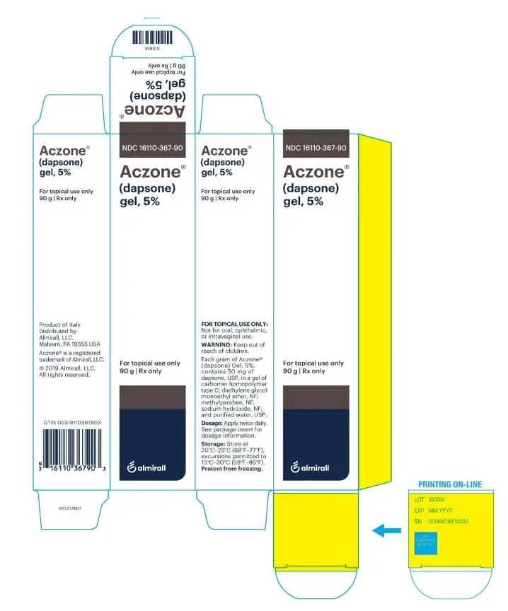 NDC 16110-367-90
Aczone®
(dapsone) gel, 5%
For tropical use only
90 g Rx only 
almirall
