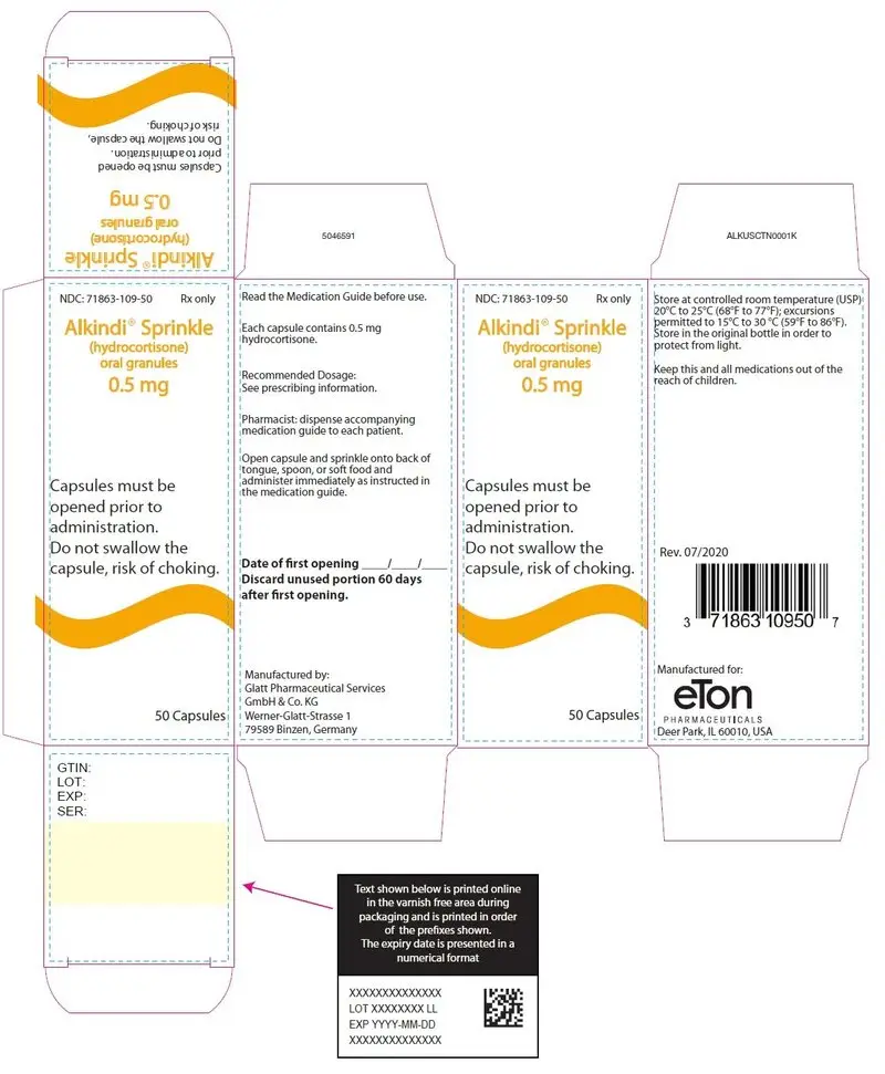 Alkindi Sprinkle (hydrocortisone) oral granules 0.5 mg - NDC 71863-109-50 - 50 Tablets Carton Label