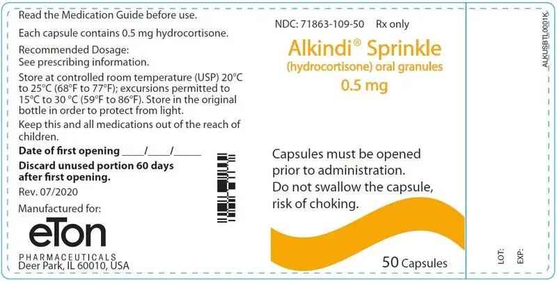 Alkindi Sprinkle (hydrocortisone) oral granules 0.5 mg - NDC 71863-109-50 - 50 Tablets Container Label