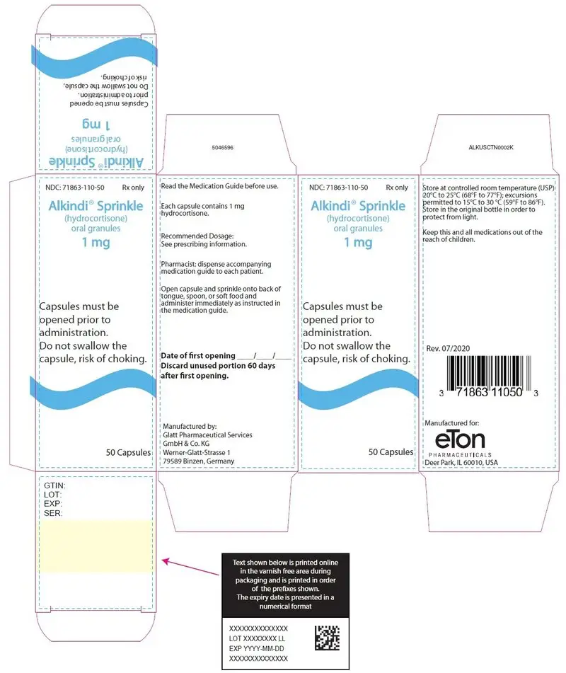 Alkindi Sprinkle (hydrocortisone) oral granules 1 mg - NDC 71863-110-50 - 50 Tablets Carton Label