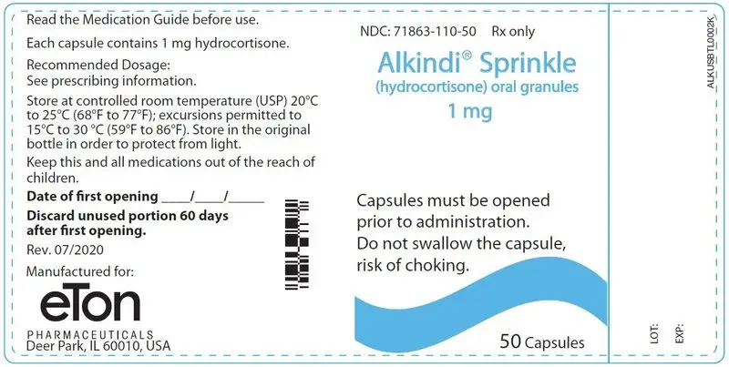 Alkindi Sprinkle (hydrocortisone) oral granules 1 mg - NDC 71863-110-50 - 50 Tablets Container Label