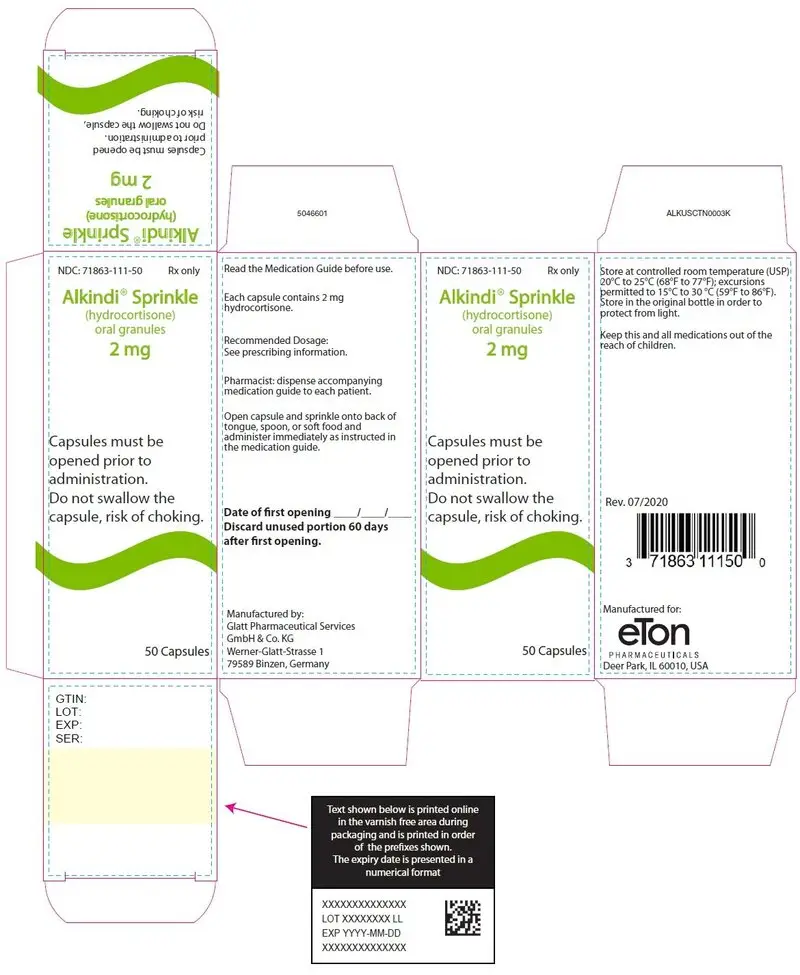 Alkindi Sprinkle (hydrocortisone) oral granules 2 mg - NDC 71863-111-50 - 50 Tablets Carton Label