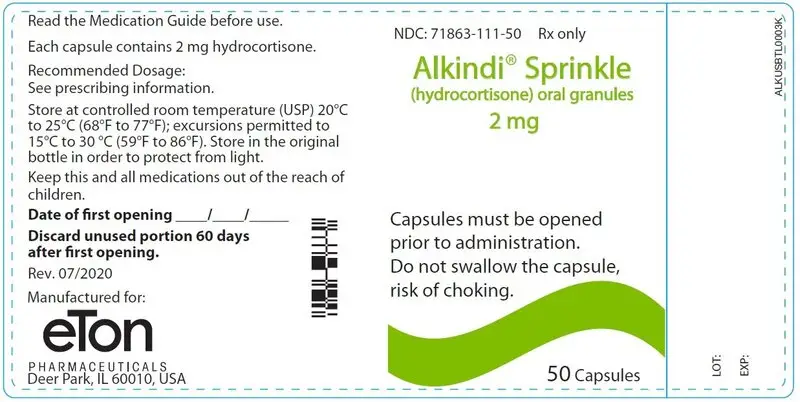 Alkindi Sprinkle (hydrocortisone) oral granules 2 mg - NDC 71863-111-50 - 50 Tablets Container Label