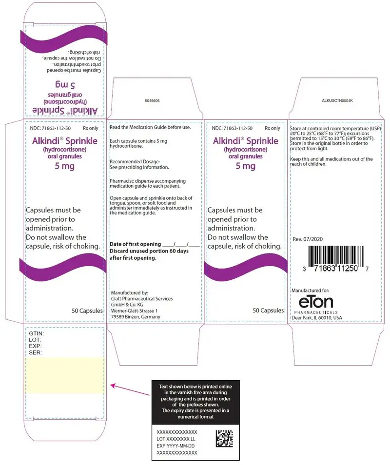 Alkindi Sprinkle (hydrocortisone) oral granules 5 mg - NDC 71863-112-50 - 50 Tablets Carton Label