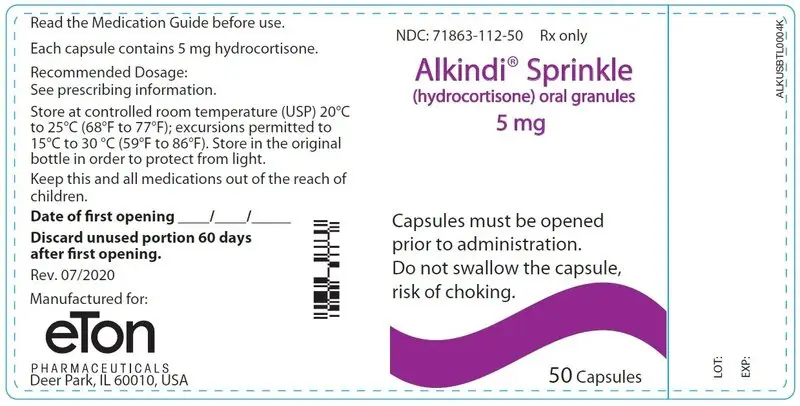 Alkindi Sprinkle (hydrocortisone) oral granules 5 mg - NDC 71863-112-50 - 50 Tablets Container Label
