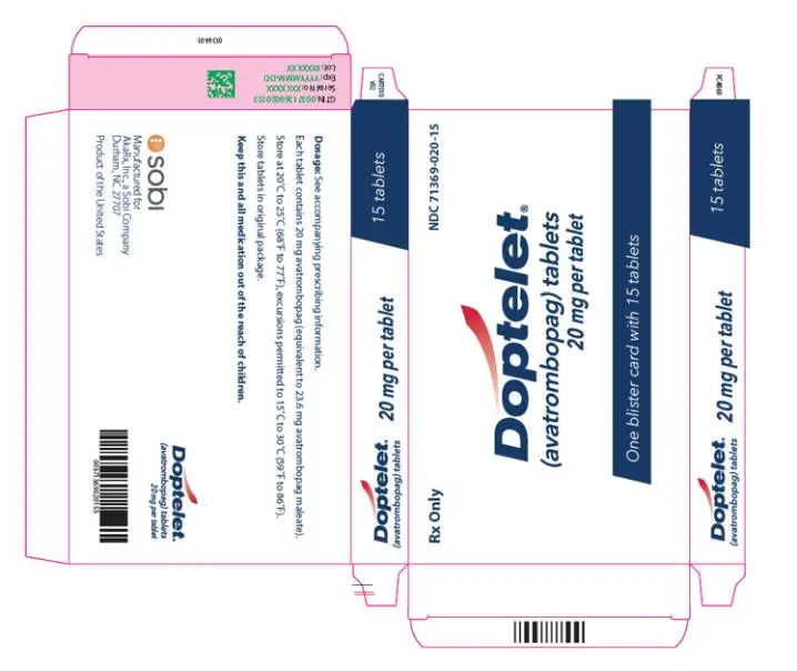 NDC 71369-020-15
15 mg per tablet
Rx Only
Doptelet
one blister card with 15 tablets
