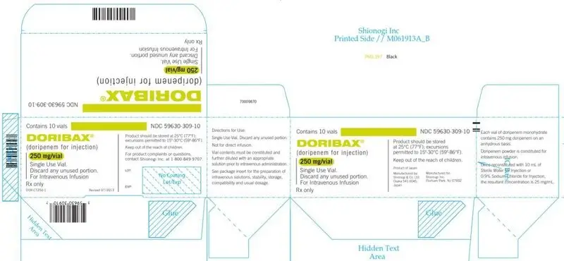 NDC 59630-309-10 DORIBAX® (doripenem for injection) 250 mg/vial Contains 10 vials Rx only