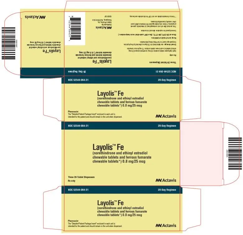 PRINCIPAL DISPLAY PANEL
LilettaLayolis™ Fe 
(norethindrone and ethinyl estradiol chewable tablets 
and ferrous fumarate chewable tablets) 0.8 mg/25 mcg
NDC 52544-064-31
Carton x Three 28-Tablet Dispensers