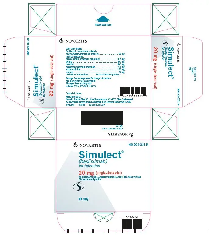 NOVARTIS
							NDC 0078-0331-84
							Simulect®
							(basiliximab)
							for injection
							20 mg (single-dose vial)
							FOR INTRAVENOUS ADMINISTRATION AFTER RECONSTITUTION.
							Rx only
