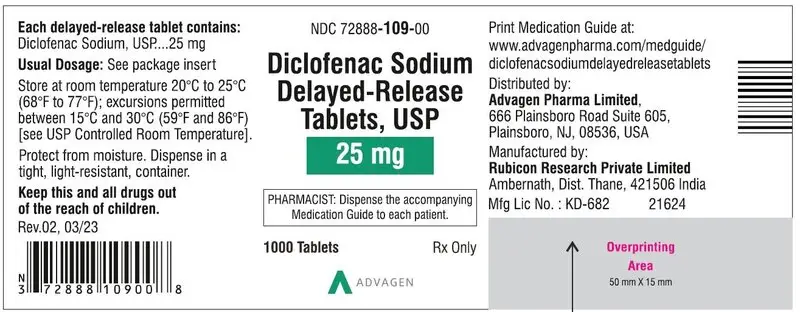 Diclofenac Sodium DR Tablets 25mg - NDC 72888-109-00 - 1000 Tablets Label