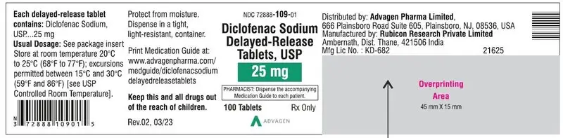 Diclofenac Sodium DR Tablets 25mg - NDC 72888-109-01 - 100 Tablets Label