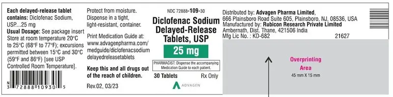 Diclofenac Sodium DR Tablets 25mg - NDC 72888-109-30 - 30 Tablets Label