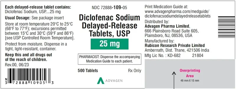 Diclofenac Sodium DR Tablets 25mg - NDC 72888-109-05 - 500 Tablets Label