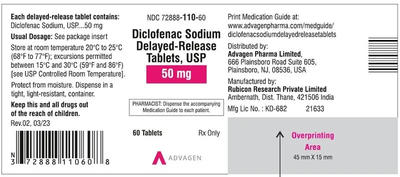 Diclofenac Sodium DR Tablets 50mg - NDC 72888-110-60 - 60 Tablets Label