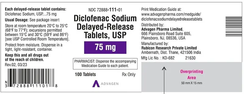 Diclofenac Sodium DR Tablets 75mg - NDC 72888-111-01 - 100 Tablets Label