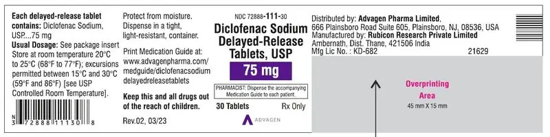 Diclofenac Sodium DR Tablets 75mg - NDC 72888-111-30 - 30 Tablets Label