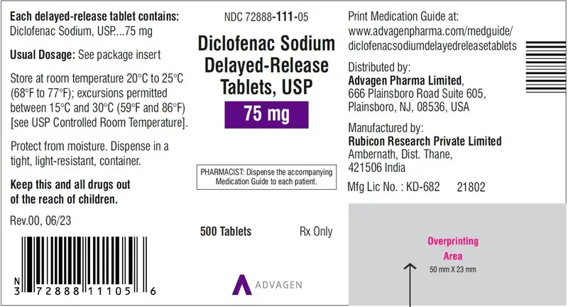 Diclofenac Sodium DR Tablets 75mg - NDC 72888-111-05 - 500 Tablets Label