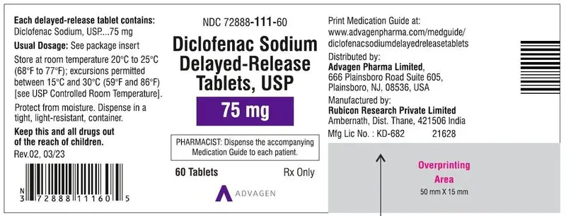 Diclofenac Sodium DR Tablets 75mg - NDC 72888-111-60 - 60 Tablets Label