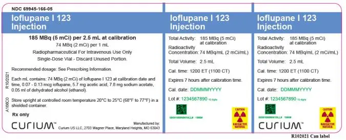 PRINCIPAL DISPLAY PANEL
NDC 69945-166-05
Ioflupane I 123  Injection
185 MBq (5 mCi) per 2.5 mL at calibration
74 MBq (2 mCi) per 1 mL
Radiopharmaceutical For Intravenous Use Only
Single-Dose Vial – Discard Unused Portion.
Recommended dosage: See Prescribing Information.
Each mL contains: 74 MBq (2 mCi) of Ioflupane I 123 at calibration date and time, 0.07 - 0.13 mcg ioflupane, 5.7 mg acetic acid, 7.8 mg sodium acetate, 0.05 ml of dehydrated alcohol (ethanol).
Store upright at controlled room temperature 20°C to 25°C (68°F to 77°F) in a shielded container.
Rx only
Total Activity: 185 MBq (5 mCi) at calibration
Radioactivity Concentration: 74 MBq/mL (2 mCi/mL)
Total Volume: 2.5 mL
Cal. time: 1200 ET (1100 CT)
Expires 7 hours after calibration time.
Cal. date:
Lot #:  
CAUTION
RADIOACTIVE MATERIAL 
CURIUM™ Logo
Manufactured by: 
Curium US LLC, 2703 Wagner Place, Maryland Heights, MO 63043
R10/2021     A166C0
