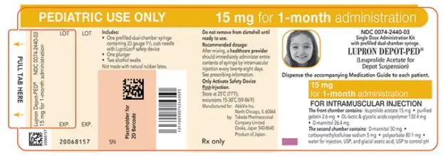 NDC 0074-2440-03 
PEDIATRIC USE ONLY 15 mg for 1-month administration 
Single Dose Administration Kit with prefilled dual-chamber syringe. 
LUPRON DEPOT-PED®
(Leuprolide Acetate for Depot Suspension) 
Dispense the accompanying Medication Guide to each patient. 
15 mg for 1-month administration 
FOR INTRAMUSCULAR INJECTION 
The front chamber contains: leuprolide acetate 15 mg۰purified gelatin 2.6 mg۰DL-lactic & glycolic acids copolymer 132.4 mg۰D-mannitol 26.4 mg 
The second chamber contains: D-mannitol 50 mg۰ carboxymethylcellulose sodium 5 mg۰polysorbate 80 1 mg۰water for injection, USP and glacial acetic acid, USP to control pH 
Rx only 
