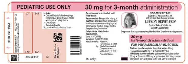 NDC 0074-9694-03 
PEDIATRIC USE ONLY 30 mg for 3-month administration 
Single Dose Administration Kit with prefilled dual-chamber syringe 
LUPRON DEPOT-PED®
(Leuprolide Acetate for Depot Suspension) 
30 mg for 3-month administration 
FOR INTRAMUSCULAR INJECTION 
Dispense the accompanying Medication Guide to each patient. 
The front chamber contains: leuprolide acetate 30 mg۰polylactic acid 264.8 mg۰D-mannitol 51.9 mg 
The second chamber contains: carboxymethylcellulose sodium 7.5 mg۰D-mannitol 75.0 mg۰polysorbate 80 1.5 mg۰water for injection, USP, and glacial acetic acid, USP to control pH 
Rx only 
