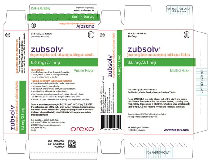 PRINCIPAL DISPLAY PANEL
NDC 54123-986-30
Rx Only 
CIII
zubsolv® 
(buprenorphine and naloxone) sublingual tablets
8.6 mg/2.1 mg 
Menthol Flavor
For Sublingual Administration.
Do Not Cut, Crush, Break, Chew, or Swallow Tablet. 
Keep ZUBSOLV in a safe place, out of the sight and reach of children. Buprenorphine can cause severe, possibly fatal, respiratory depression in children. Children who accidentally take ZUBSOLV will require immediate medical attention. 
Read enclosed ZUBSOLV Medication Guide for Important Safety Information.
30 Sublingual Tablets 
(10 tablets x3 cards)
www.zubsolv.com
