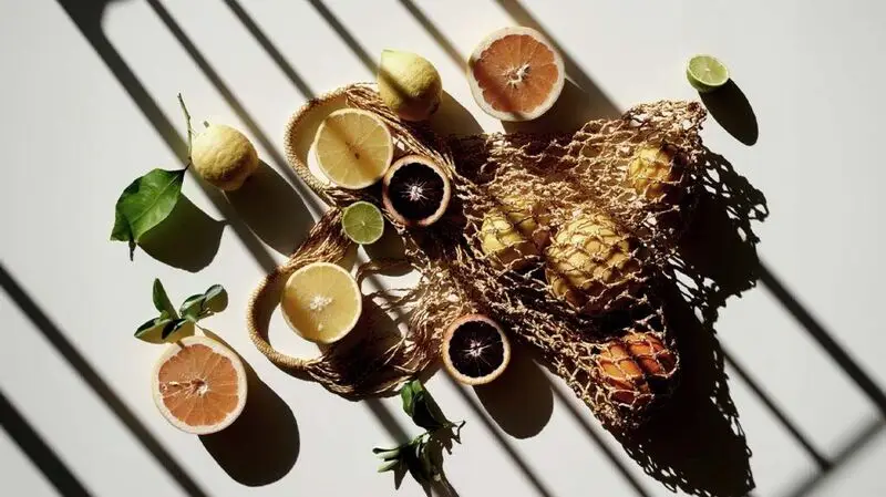 Overhead view of sliced citrus on a white table