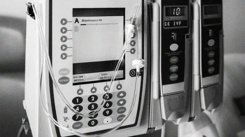 Close up of a medical infusion device which delivers fluids, medications, blood and blood products to patients through IV.