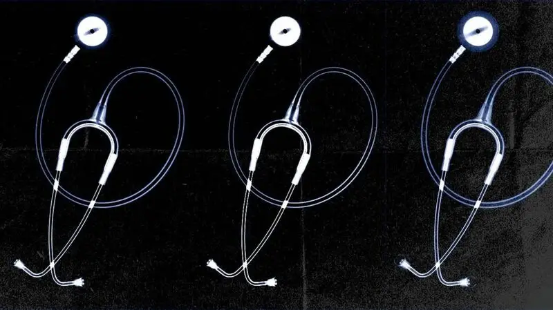 An x-ray of three stethoscopes