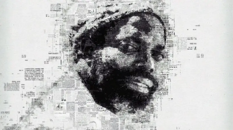 An illustrative portrait of a man interwoven with text