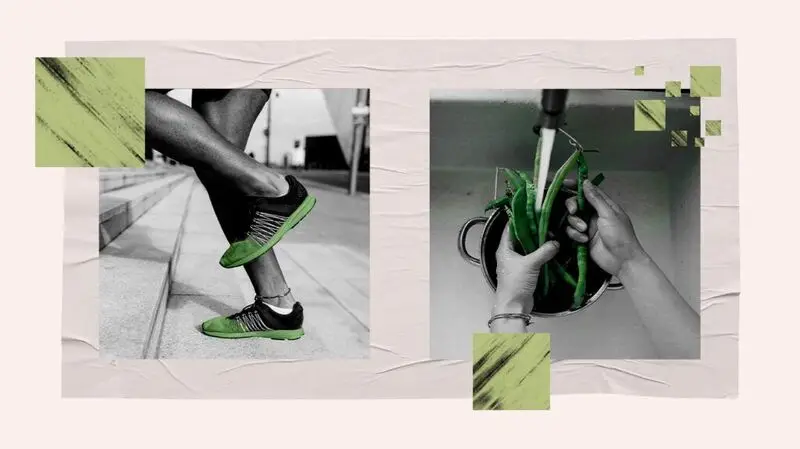 collage of two black and white photos showing a pair of legs jogging and a pair of hands washing pea pods