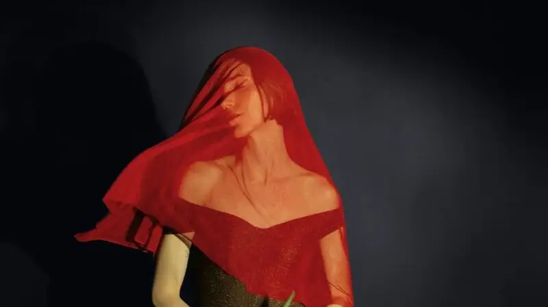 image of woman with closed eyes under a red, transparent veil