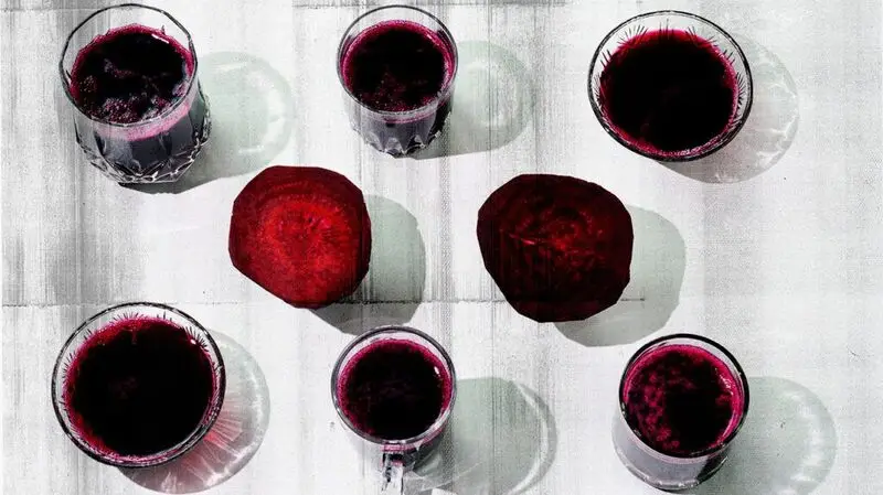 collage of beets and glasses of beetroot juice