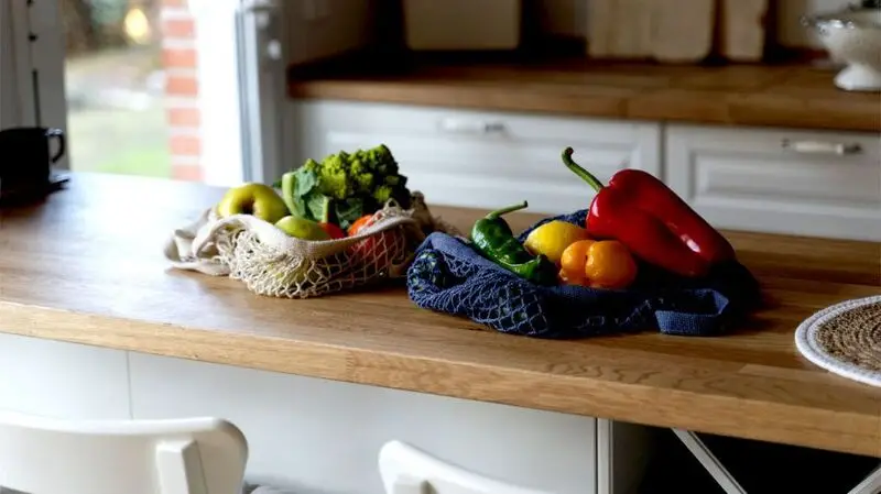 Vegetables in bags on kitchen counter